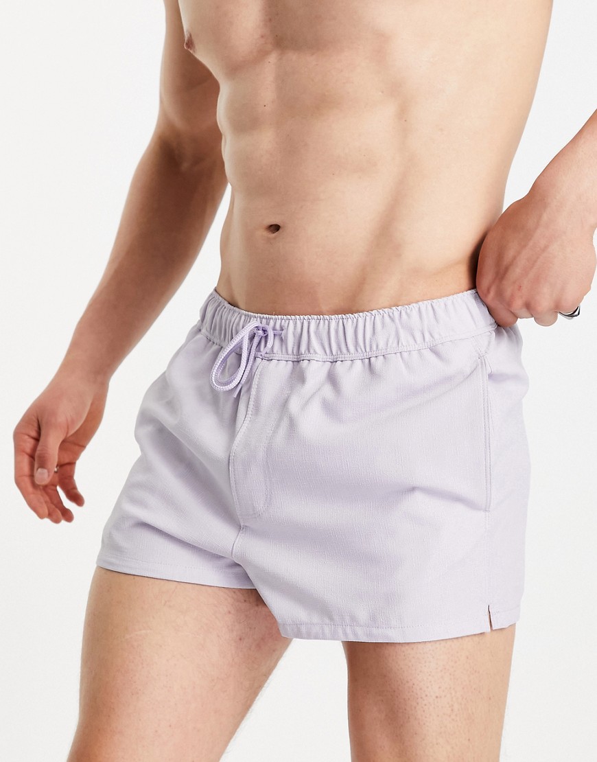 ASOS DESIGN swim shorts in lilac linen look super short length-Purple