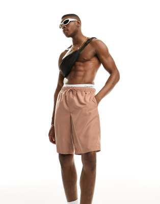 Asos Design Swim Shorts In Long Length In Beige-neutral