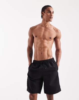 Asos Design Wide Mid Length Linen Mix Shorts With Elastic Waist In Black