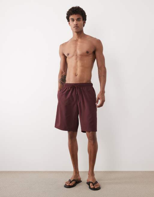 ASOS DESIGN swim shorts in long length in burgundy, 2 of 5
