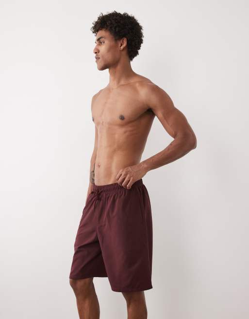 ASOS DESIGN swim shorts in long length in burgundy, 4 of 5