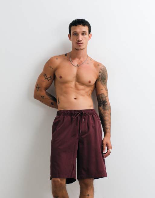 ASOS DESIGN swim shorts in long length in burgundy, 2 of 5