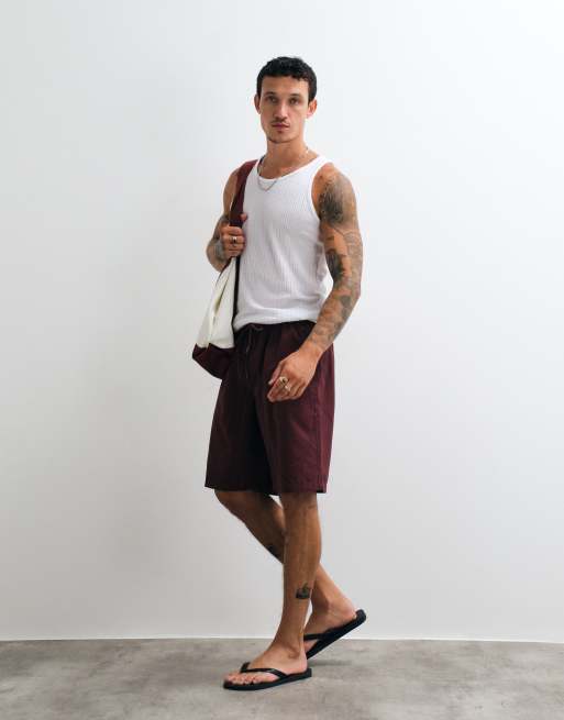 ASOS DESIGN swim shorts in long length in burgundy, 3 of 5