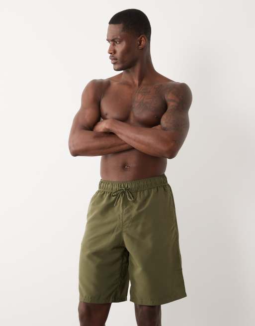 ASOS DESIGN swim shorts in long length in khaki, 2 of 5