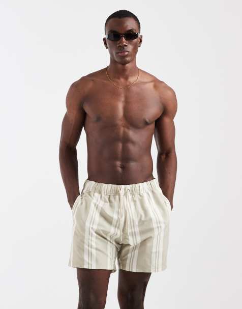 ASOS DESIGN swim shorts in mid length in beige stripe - view 1