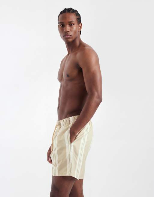 ASOS DESIGN swim shorts in mid length in beige stripe, 3 of 5