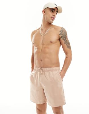 Asos Design Swim Shorts In Mid Length In Beige-neutral