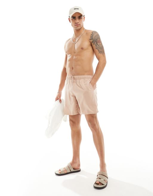 ASOS DESIGN swim shorts in mid length in beige, 3 of 4