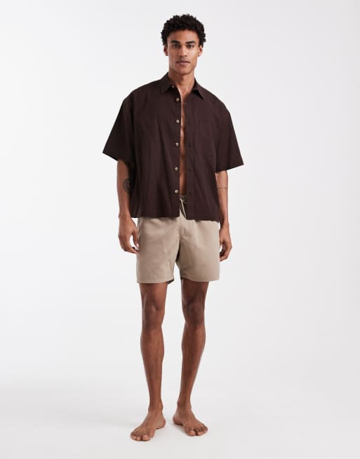 ASOS DESIGN swim shorts in mid length in beige, 3 of 5