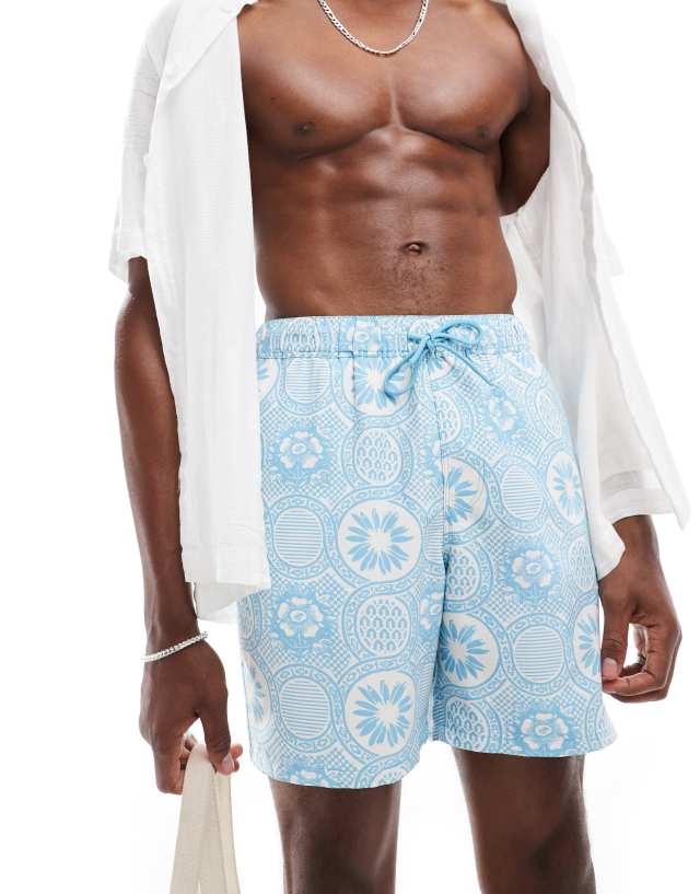 ASOS DESIGN - swim shorts in mid length in blue geo print