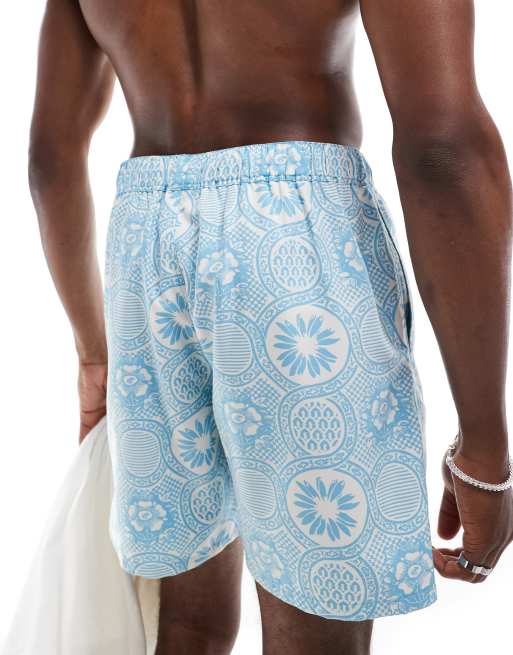 ASOS DESIGN swim shorts in mid length in blue geo print, 2 of 4