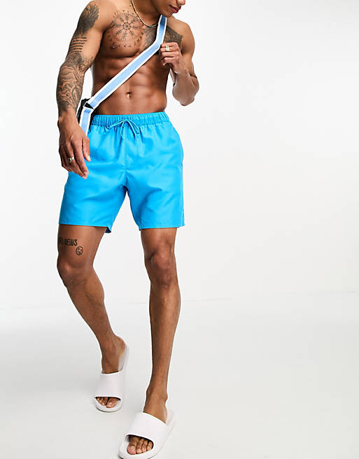 ASOS DESIGN swim shorts in mid length in blue | ASOS