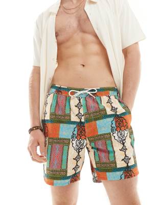 FhyzicsShops DESIGN swim straight-leg shorts in mid length in bright patchwork print