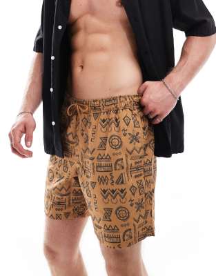 ASOS DESIGN ASOS DESIGN swim shorts in mid length in brown geo