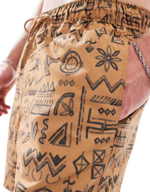 ASOS DESIGN swim shorts in mid length in brown geo, 2 of 4