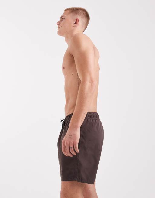 ASOS DESIGN swim shorts in mid length in brown, 3 of 5