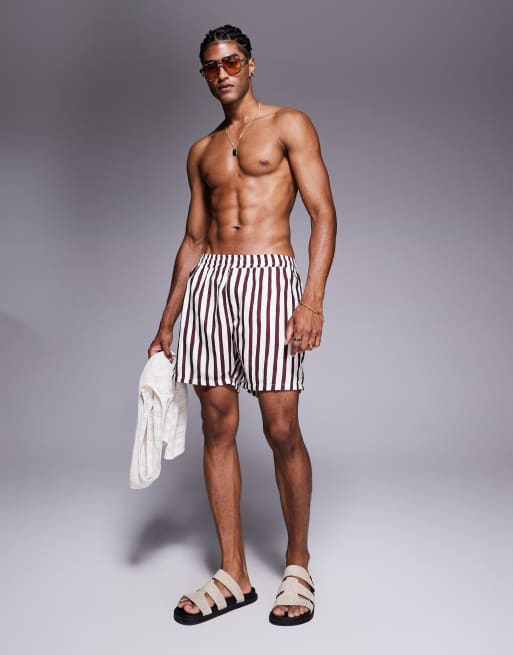 ASOS DESIGN swim shorts in mid length in burgundy stripe, 2 of 4