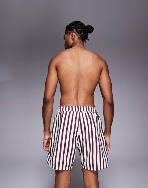 ASOS DESIGN swim shorts in mid length in burgundy stripes, 3 of 4