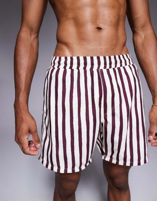 ASOS DESIGN swim shorts in mid length in burgundy stripes, 4 of 4