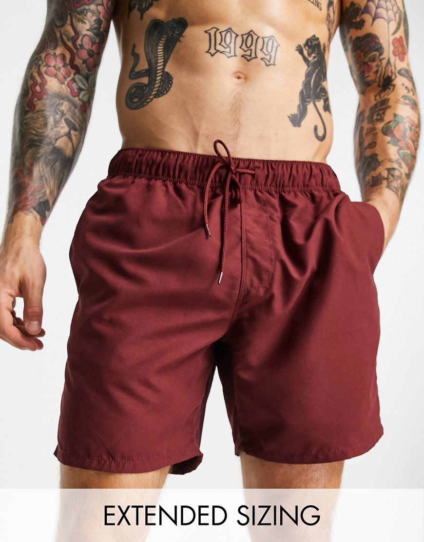 ASOS DESIGN swim shorts in mid length in burgundy-Red
