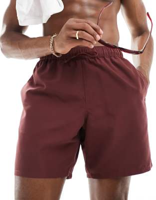 Asos Design Swim Shorts In Mid Length In Burgundy-red