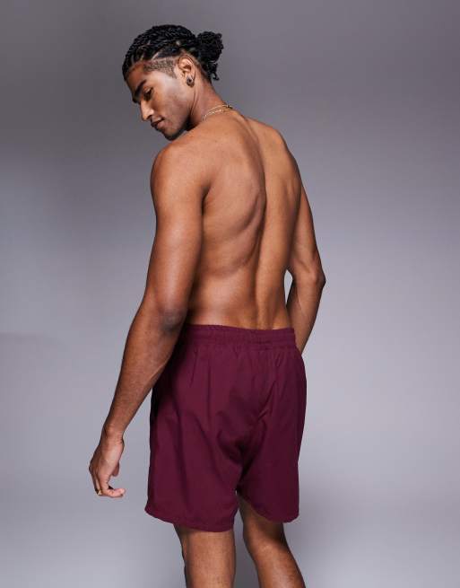 ASOS DESIGN swim shorts in mid length in burgundy, 2 of 4