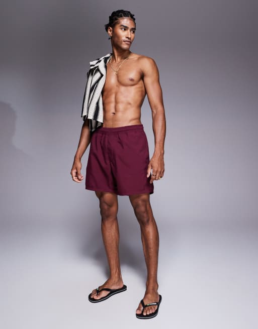 ASOS DESIGN swim shorts in mid length in burgundy, 3 of 4