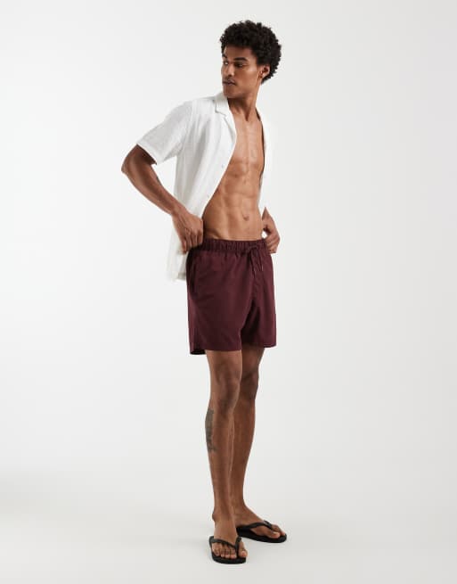 ASOS DESIGN swim shorts in mid length in burgundy, 2 of 5