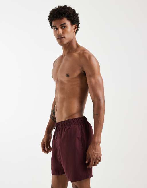 ASOS DESIGN swim shorts in mid length in burgundy, 4 of 5