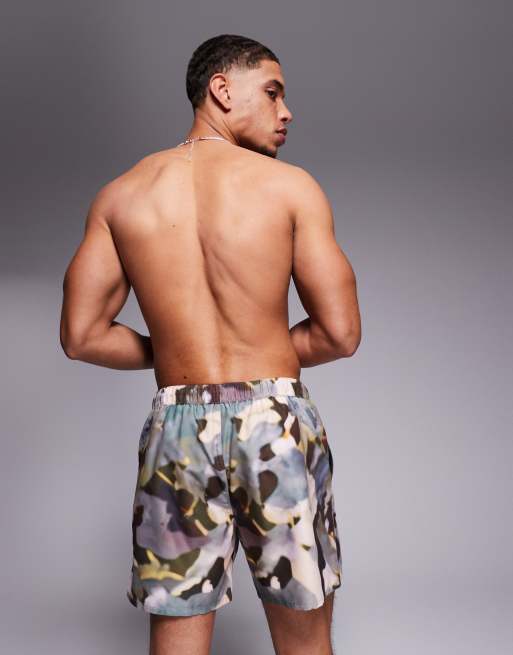 ASOS DESIGN swim shorts in mid length in green camo print, 3 of 4