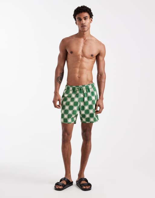 ASOS DESIGN swim shorts in mid length in green checkerboard print, 3 of 5