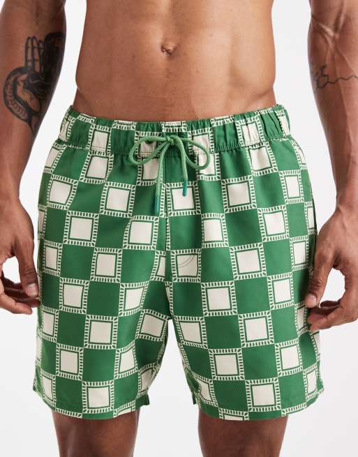 ASOS DESIGN swim shorts in mid length in green checkerboard print, 4 of 5