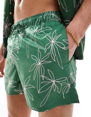 Asos Design Swim Shorts In Mid Length In Green Doodle Palm Tree Print