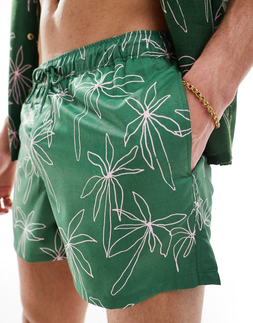 ASOS DESIGN swim shorts in mid length in green doodle palm tree print