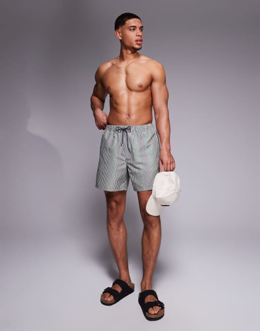 ASOS DESIGN swim shorts in mid length in green stripe, 3 of 4