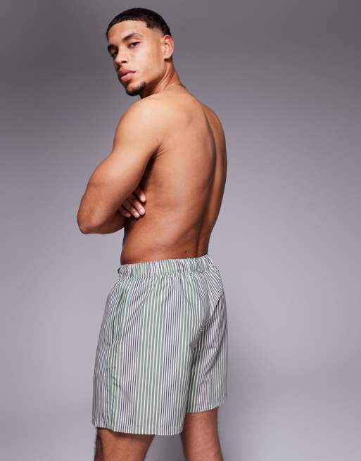 ASOS DESIGN swim shorts in mid length in green stripe, 4 of 4