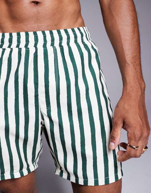 ASOS DESIGN swim shorts in mid length in green stripe, 4 of 4