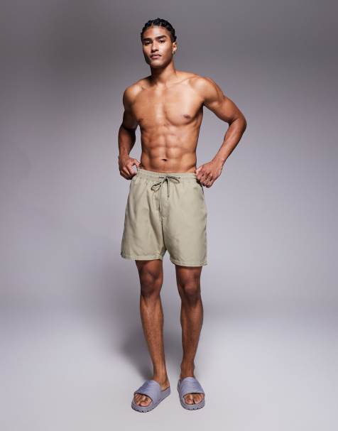 ASOS DESIGN swim shorts in mid length in khaki - view 2