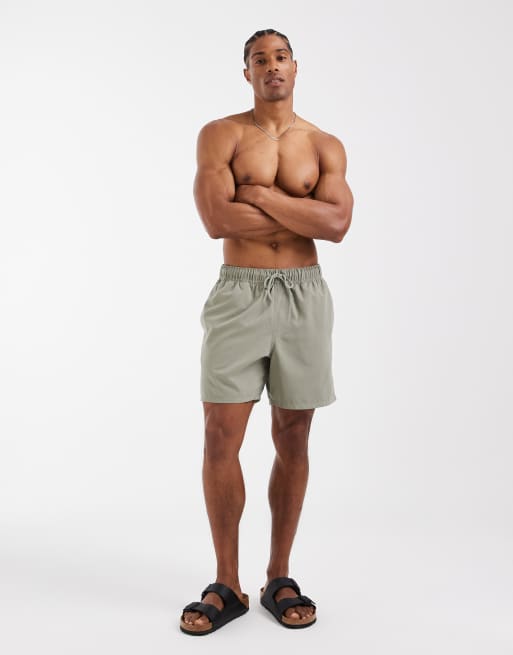 ASOS DESIGN swim shorts in mid length in khaki, 2 of 5