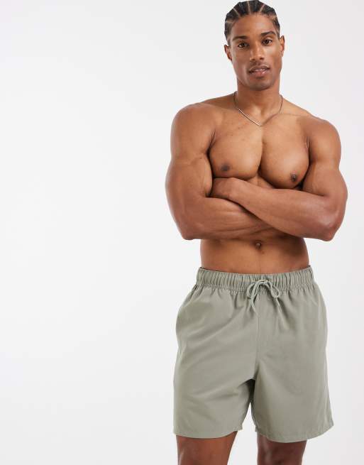 ASOS DESIGN swim shorts in mid length in khaki, 3 of 5