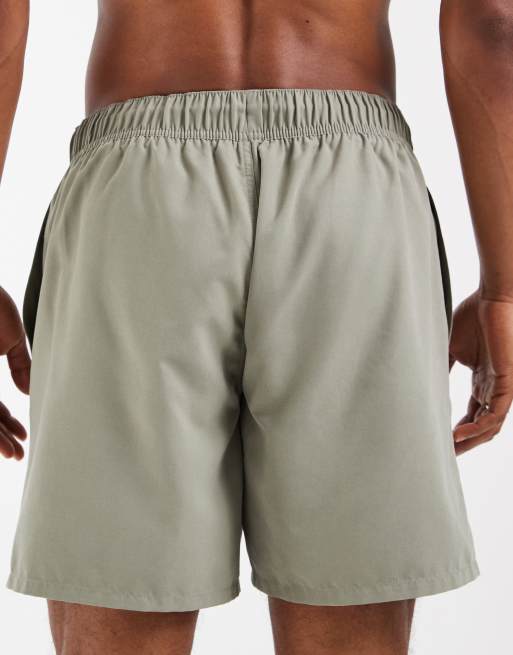 ASOS DESIGN swim shorts in mid length in khaki, 4 of 5