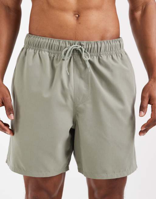 ASOS DESIGN swim shorts in mid length in khaki, 5 of 5