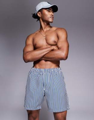 ASOS DESIGN swim shorts in mid length in navy stripe