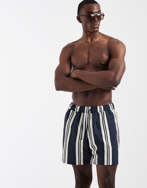 ASOS DESIGN swim shorts in mid length in navy stripe - view 1