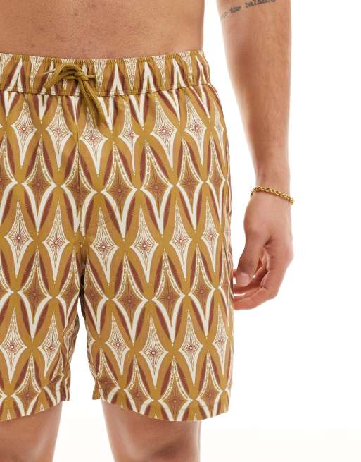 GEOMETRIC PRINT SWIMMING TRUNKS - Ecru / Blue