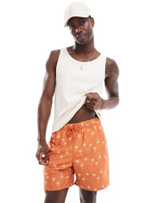 Asos Design Swim Shorts In Mid Length In Orange Palm Tree Print