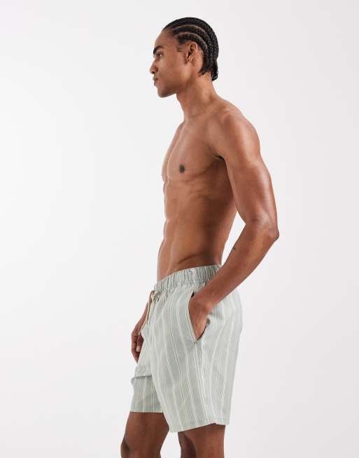 ASOS DESIGN swim shorts in mid length in sage green stripe, 3 of 5