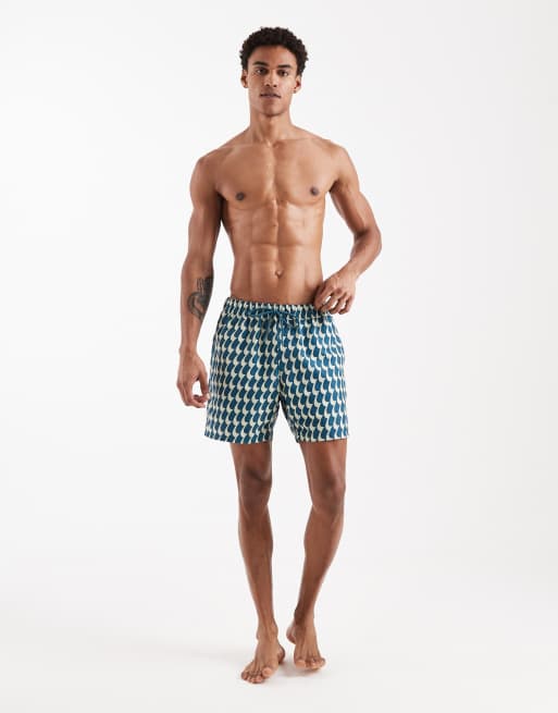 ASOS DESIGN swim shorts in mid length in wavy blue print, 2 of 5