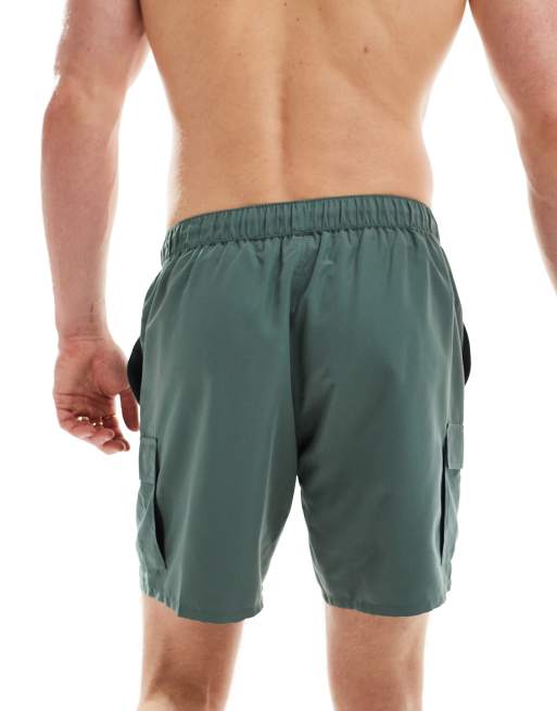ASOS DESIGN swim shorts in mid length with cargo pockets in khaki, 2 of 4