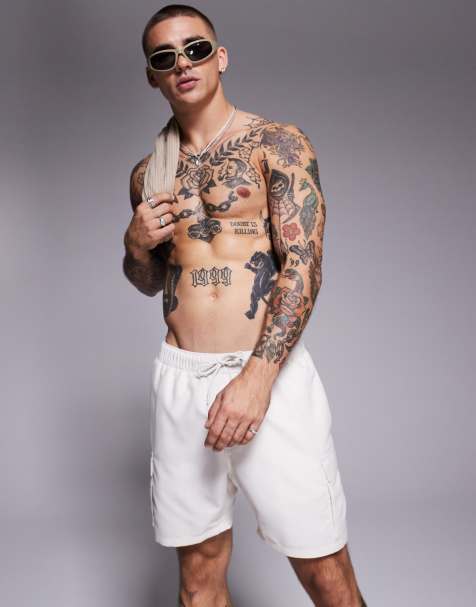 ASOS DESIGN swim shorts in mid length with cargo pockets in neutral - view 1